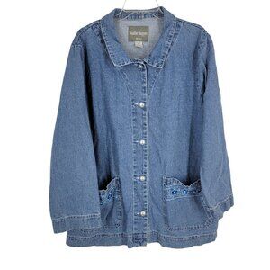 VTG Denim Button Jacket Floral embroidered Cottagecore chore coat Boho 1X Artsy